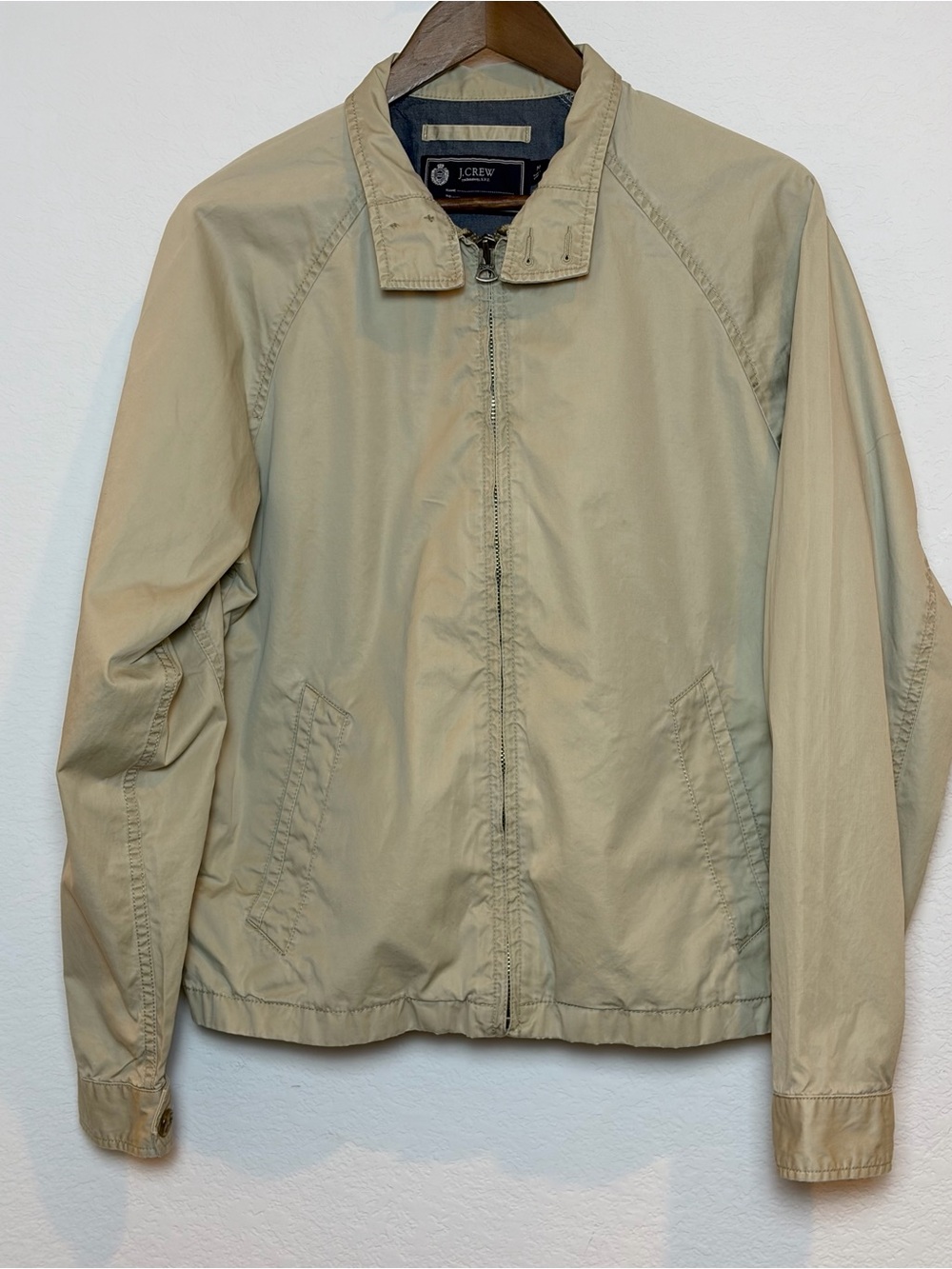 J. Crew Mens Cotton Harrington Jacket Size M Beige Khaki Tan Full Zip Coat